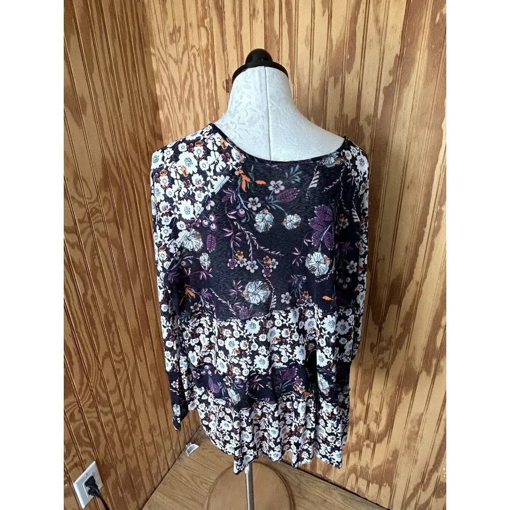 Free People Babydoll Floral Blue/Purple Oversize‎ Stretch Blouse XS  Long Sleeve